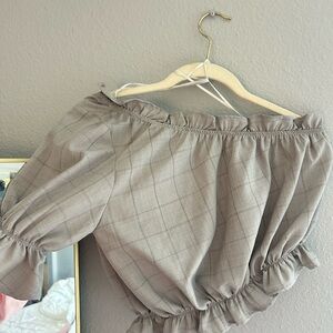 Plaid Off-Shoulder Blouse - Brown